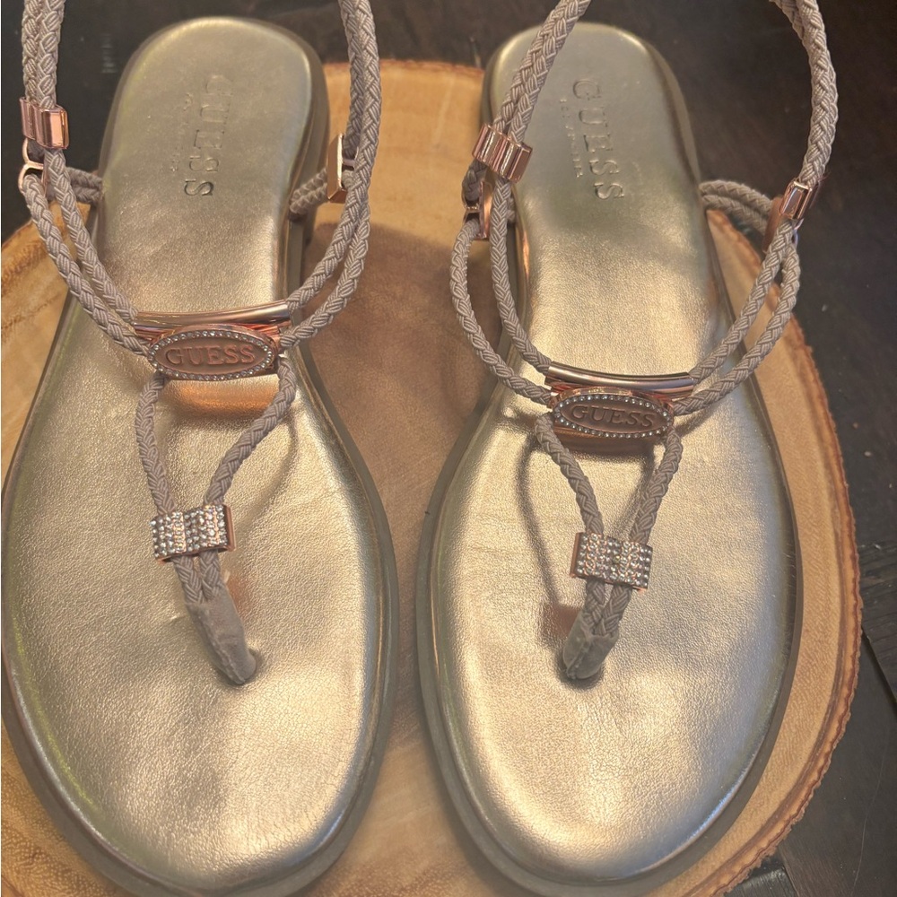 GUESS Silver Braided Thong Sandals with Rose Gold Accents